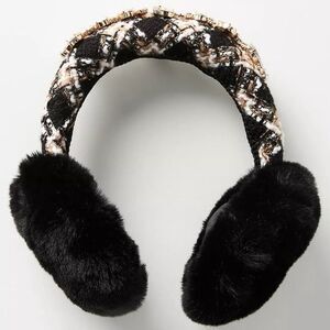 Anthropologie Fancy Plaid Embellished Faux Fur Earmuffs - Black
